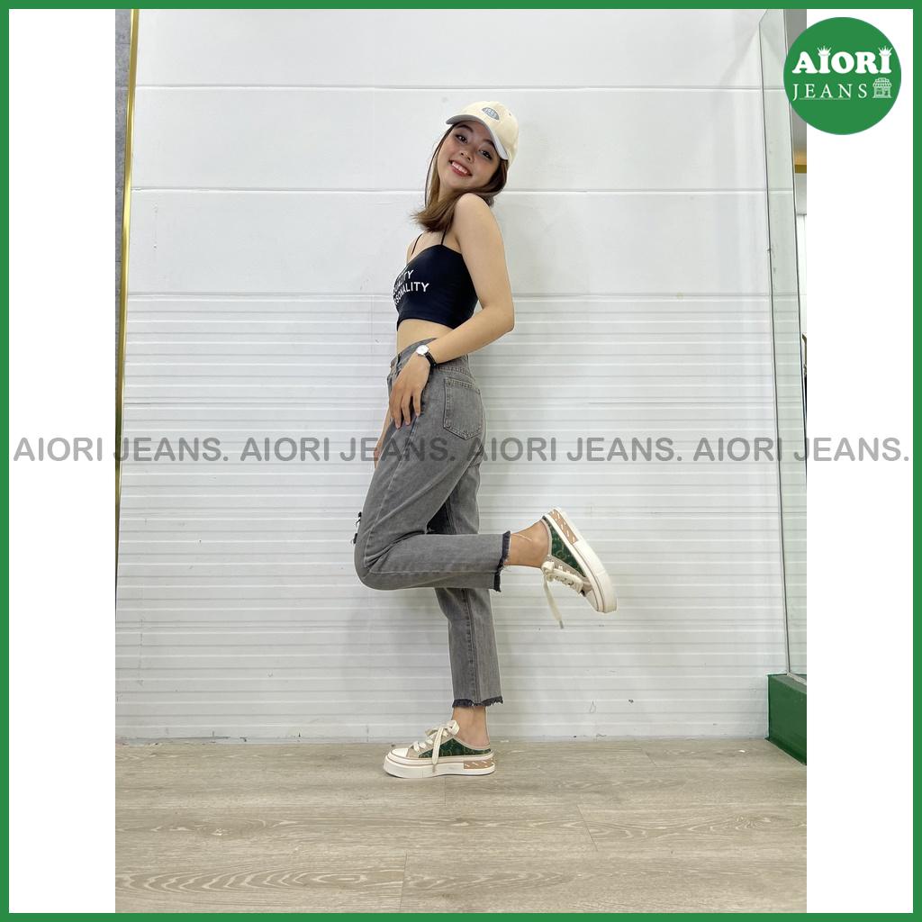 Quần Baggy Aiori Xám Lai Tua Lưng Cao Trơn ,Rách Ngang Gối Phong Cách Thời Trang Mã B025