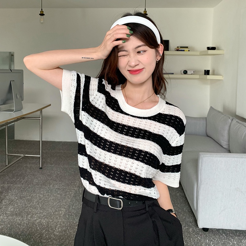 Áo dệt kim ZHELIHANGFEI ngắn tay cổ tròn họa tiết ca rô phong cách Hàn Quốc dành cho nữ