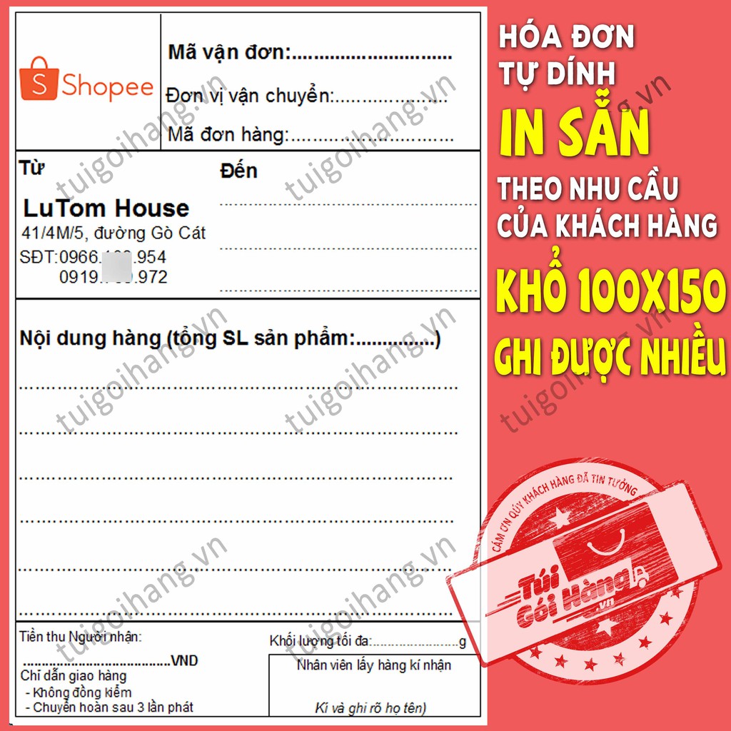 Hóa Đơn In Sẵn Tự Dính TUIGOIHANG Khổ 100x150mm cuộn 330 Tem Thiết Kế Riêng Theo Yêu Cầu