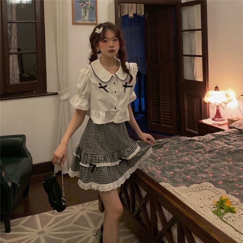 Áo sơ mi dáng croptop tay ngắn bồng phong cách Hàn Quốc mã QD066