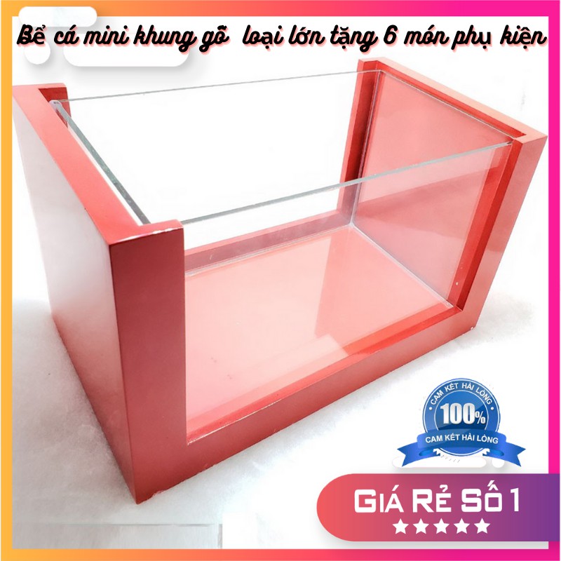 Bể cá mini KHUNG GỖ mịn loại lớn nuôi cá cảnh để bàn tặng 6 món phụ kiện