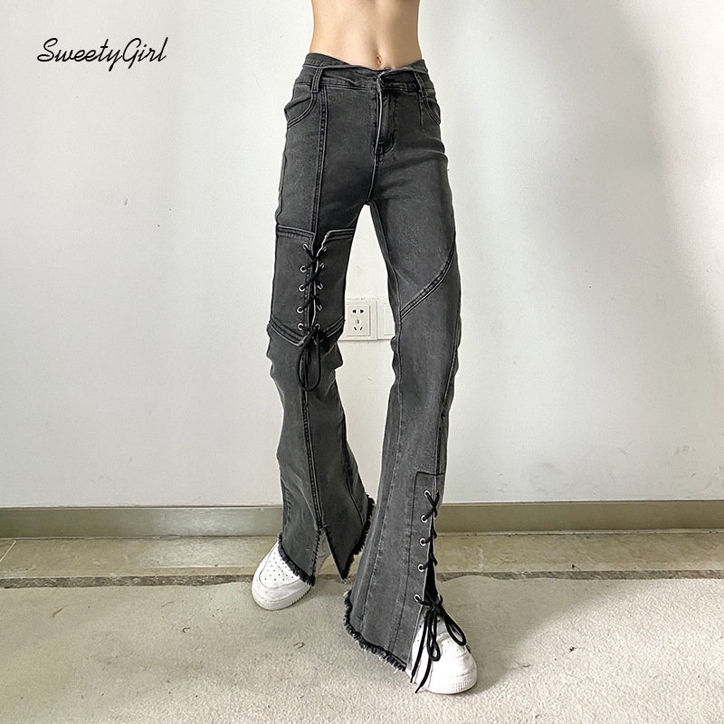 Quần Jean Dài Lưng Thấp Màu Trơn Đính Nơ Thời Trang 2022 Cho Nữ