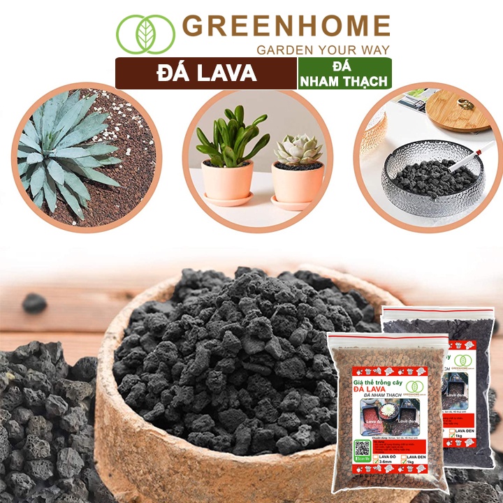 Đá nham thạch lava Greenhome, bao 20kg, màu đỏ, đen, size 3-5mm, sạch bụi, cho thủy sinh, bonsai, xương rồng