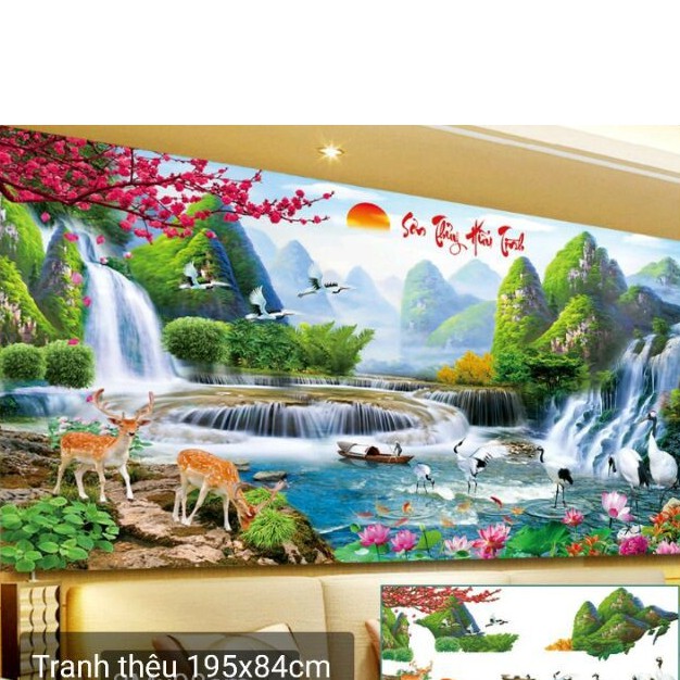 [ Sale sốc] Tranh thêu phong cảnh non nước hữu tình khổ lớn 195x84cm