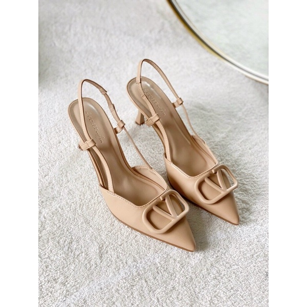 Giày cao gót hở eo dáng slingback mũi V da mềm gót 7p tôn dáng, sáng chân