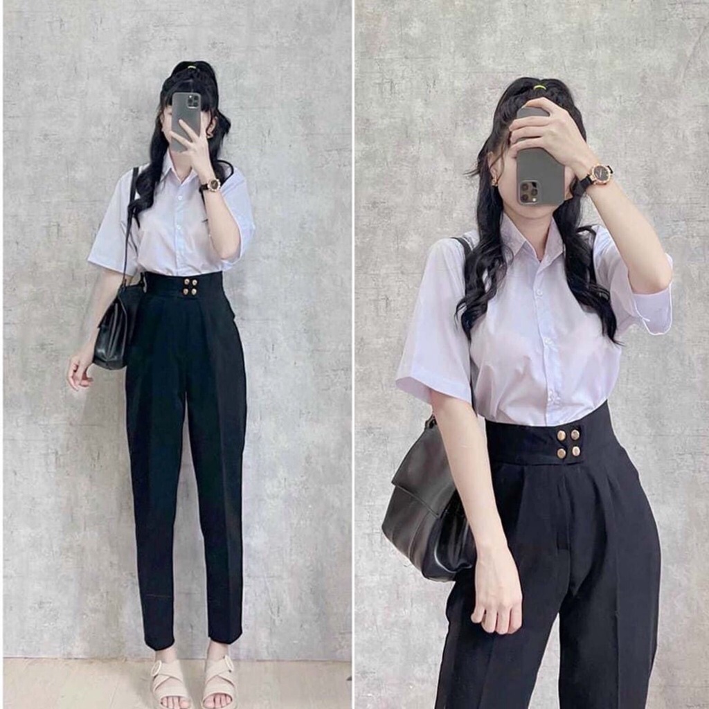 Quần Tây Baggy Nữ màu Đen lưng cao 4 nút Basic BC099