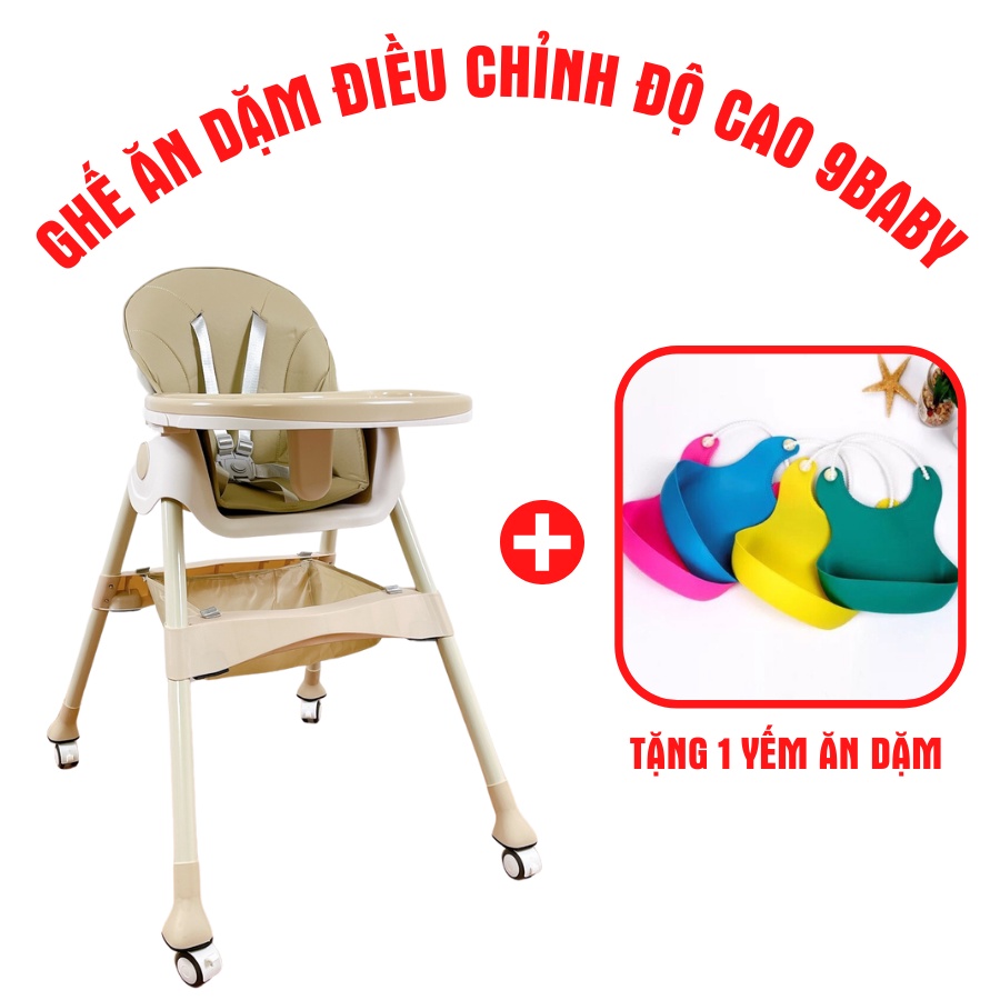 TẶNG YẾM ĂN !!! Ghế ăn dặm cho bé 9BABY điều chỉnh độ cao có bánh xe màu nâu