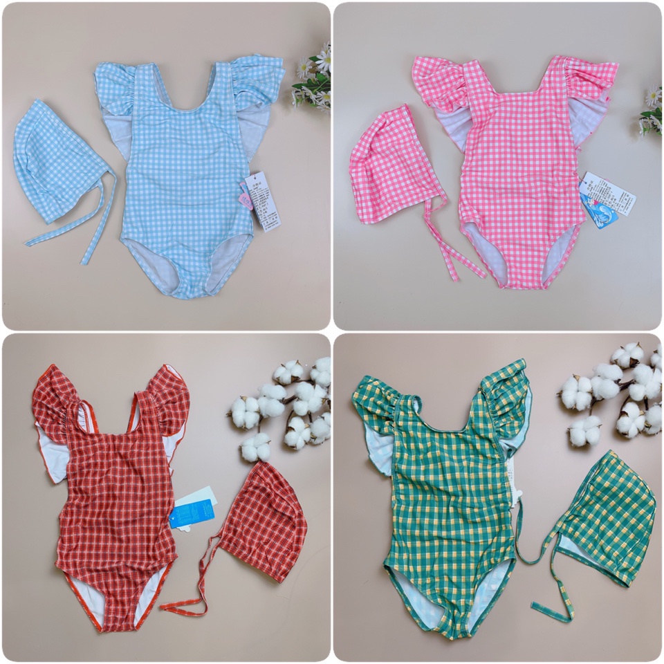Bộ bơi liền bèo vai kẻ caro nhiều màu BG 3-7y