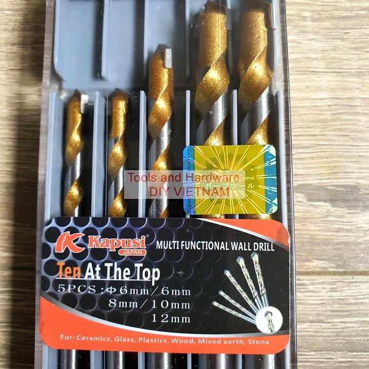 [FreeShip] Hộp 5 mũi khoan đa năng hãng Kapusi Nhật Bản gồm các cỡ hai mũi 6m và mũi 8, 10, 12mm,có tem chống hàng giả