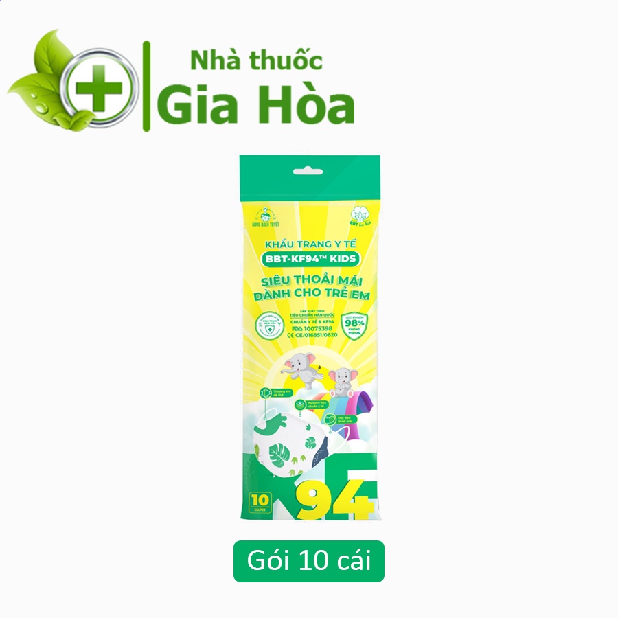 Khẩu trang y tế kháng khuẩn 4D Bông Bạch Tuyết BBT Kids Trẻ Em (Thiết kế thời trang KF94) - Túi 10 cái hình khủng long
