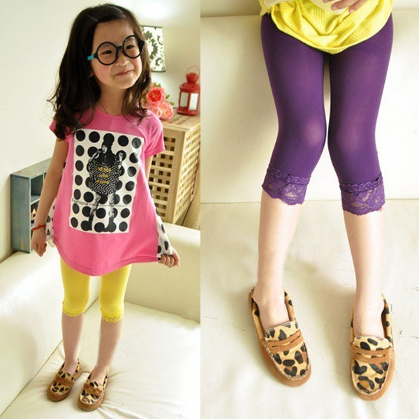 Quần legging lửng vải nhung phối viền ren cho bé gái