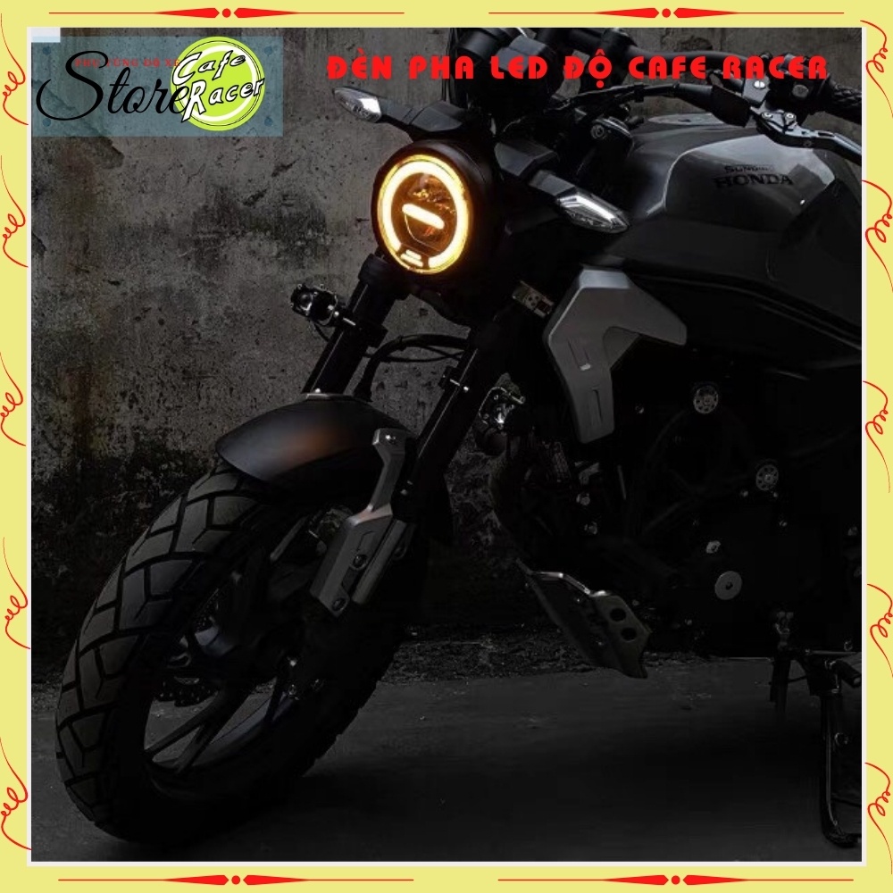 Đèn pha led cao cấp , đèn led pha độ xe máy CAFE RACER gáo sắt sơn đen mặt kính trong suốt