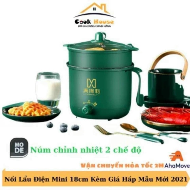 Nồi Lẩu Điện Mini, Nấu Mì 2 Tầng Kèm Giá Hấp Đa Năng  Nướng, Luộc, Chiên Chống Dính Vấn Đá Tiện Lợi, Ca nấu mì mẫu mới