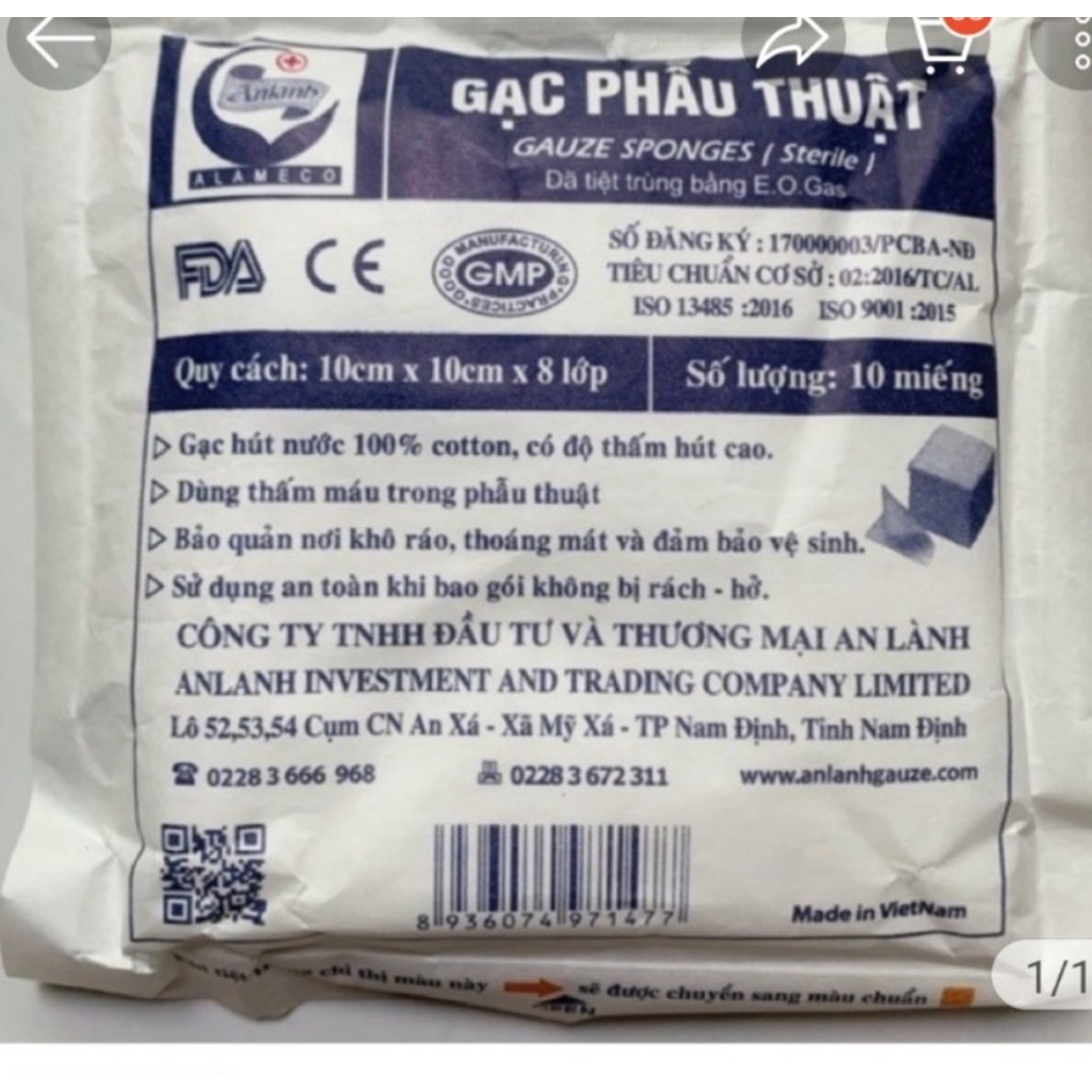 GẠC PHẪU THUẬT TIỆT TRÙNG 10X10X8 LỚP- GÓI 10 MIẾNG
