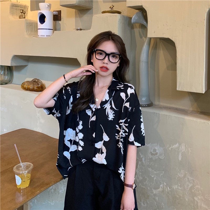 Áo Sơ Mi Tay Ngắn Cổ Bẻ In Họa Tiết retro Hồng Kông Thời Trang Mùa Hè Mới Cho Nữ