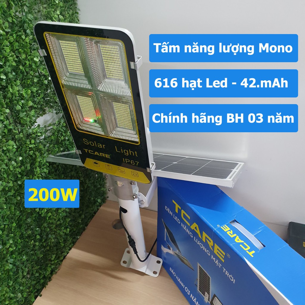Đèn đường bàn chải năng lượng mặt trời 200W TCARE 616 hạt led, Pin 42000mAh, Tấm năng lượng Mono