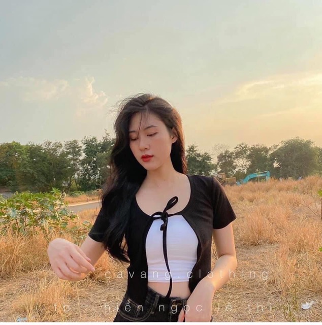 Áo khoác cardigan tay ngắn buộc nơ chất thun gân | BigBuy360 - bigbuy360.vn