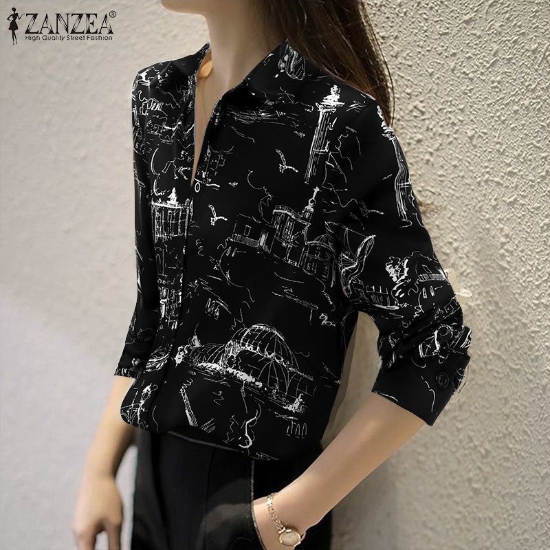 Áo kiểu ZANZEA cổ lật tay dài ôm dáng họa tiết in phong cách cổ điển phối nút đơn giản thời trang dành cho nữ