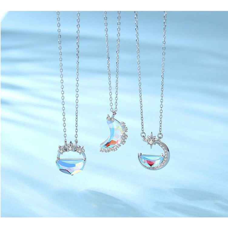 Vòng cổ Bạc 925 Mặt Hình Mặt Trăng Đính Đá Zircon Thanh Lịch Phong Cách Hàn Quốc Cho Nữ