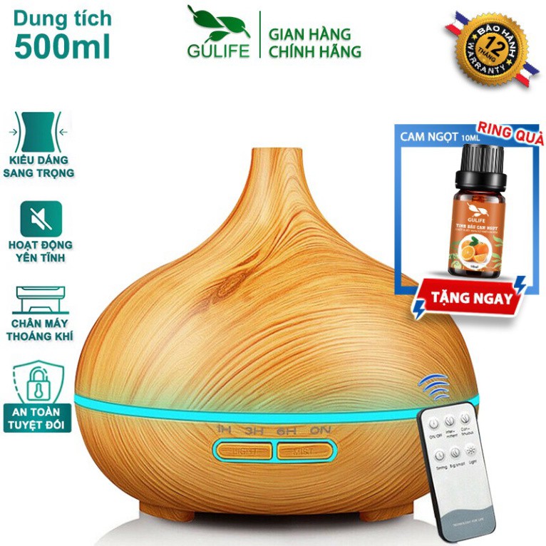 ✅ Máy Xông Tinh Dầu Phun Sương Tạo Độ Ẩm Cổ Cao GULIFE Có Remote Dung Tích 500ml - Tặng Tinh Dầu 10ml - MKT38