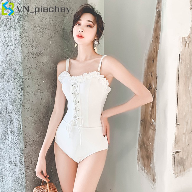 COD Women Swimsuit Nylon Solid Color One-piece Strappy High-waist Swimsuit