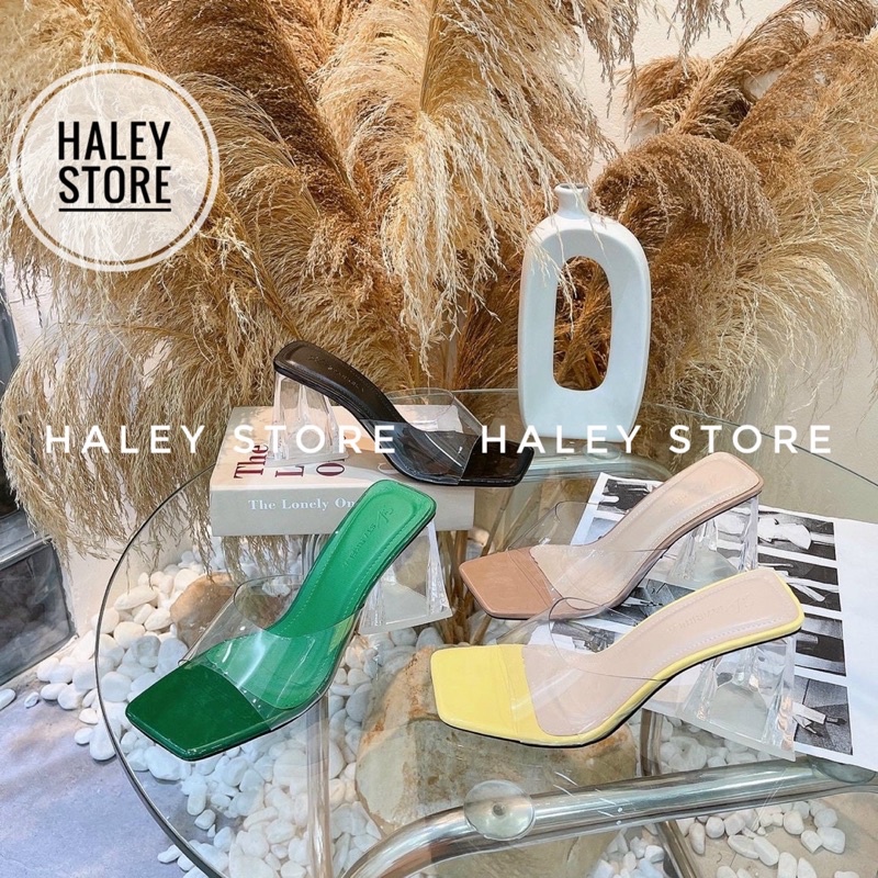 Giày guốc cao gót tam giác trong suốt HALEY STORE quai ngang khuyết mũi vuông thời trang mới nhiều màu rẻ bền đẹp