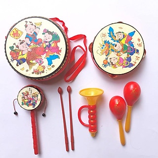 Bộ Trống Lắc Tay, Lục Lạc 5 Món Cho Bé - Bộ Trống Kèn Lục Lạc 6 Món - Đồ Chơi Kích Thích Sự Năng Động Cho Bé