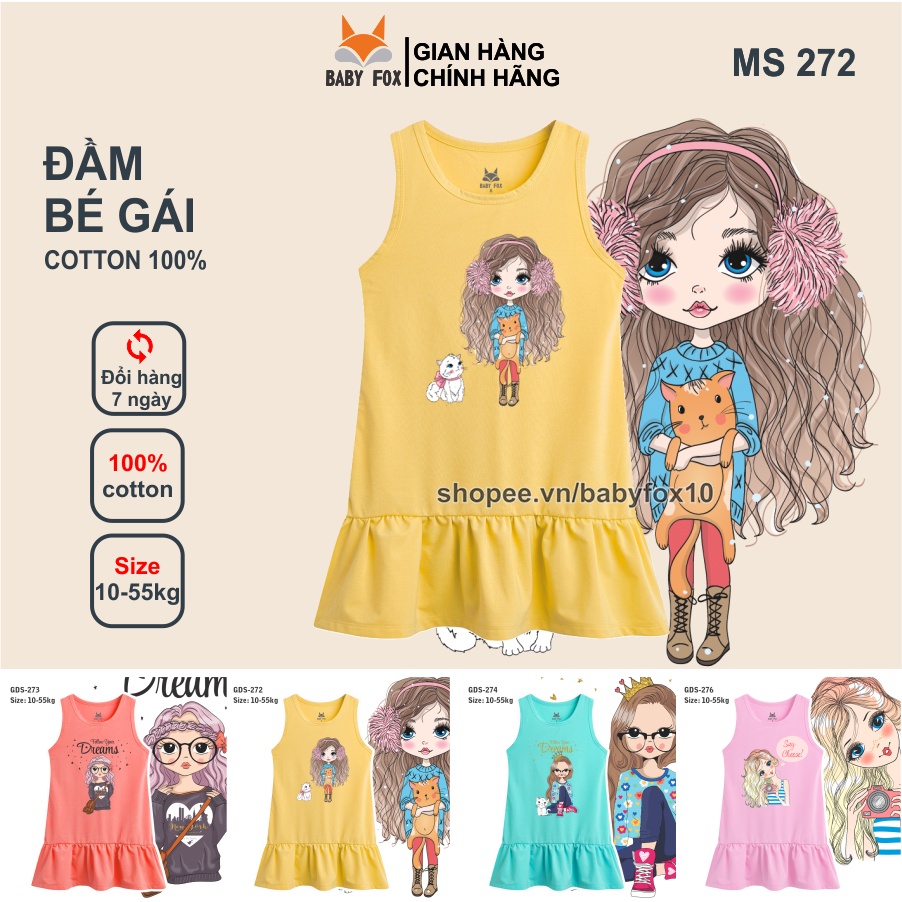 Đầm bé gái 100% cotton loại tốt, thương hiệu BABY FOX, in hình bé gái, size nhỏ, trung, đại b