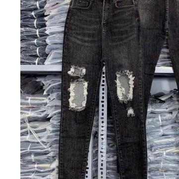 Quần jeans nữ rách lưng cao màu đen 1 nút vải denim co dãn cao ôm dáng , quần cạp cao T-Fashion Shop QN
