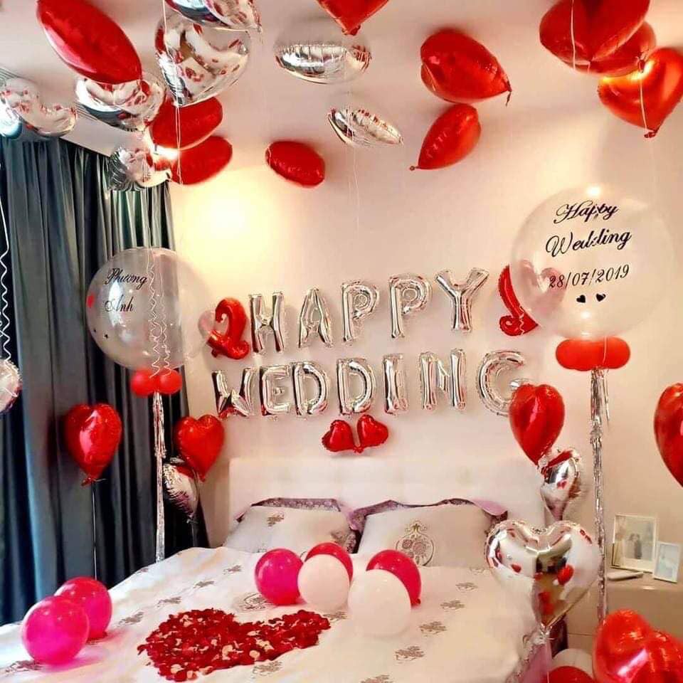 KÈM 2 QUẢ BÓNG TO IN TÊN - BỘ BÓNG TRANG TRÍ PHÒNG CƯỚI TÔNG ĐỎ MM0233