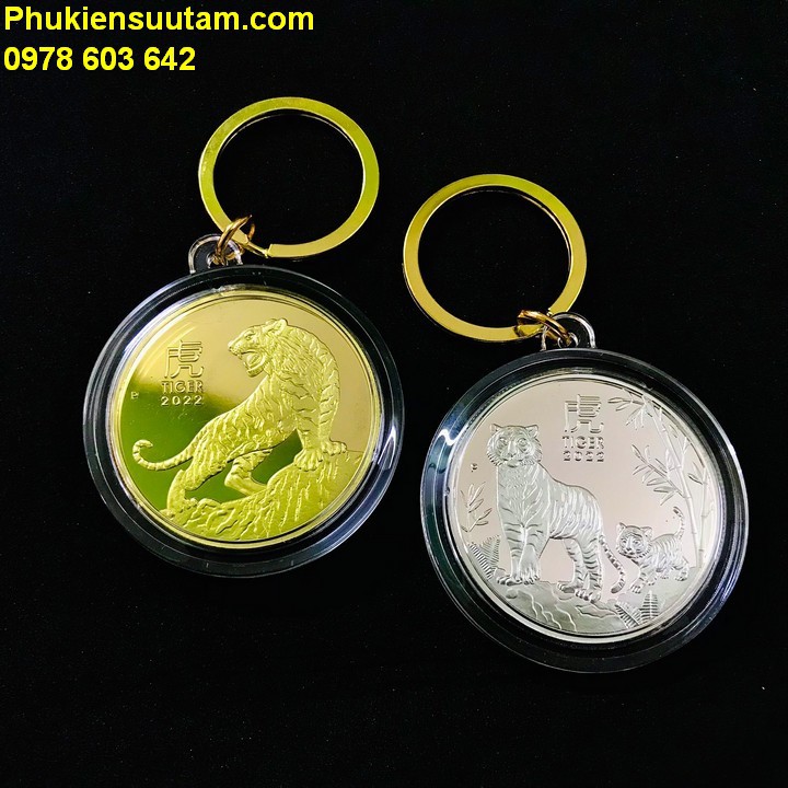Móc Khóa Cặp Xu Úc Hình Con Cọp (Hổ) Mạ Vàng Bạc; Đường kính của móc khóa ngoài 5cm; Đường kính xu là 4cm- SP005415