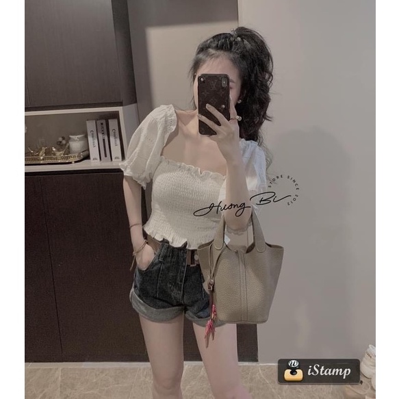 Áo trễ vai kiểu A.313, Áo kiểu ống chun ngực croptop tay bồng họa tiết mặc được 2 kiểu ngọt ngào - Thời trang nữ Chấm Bi