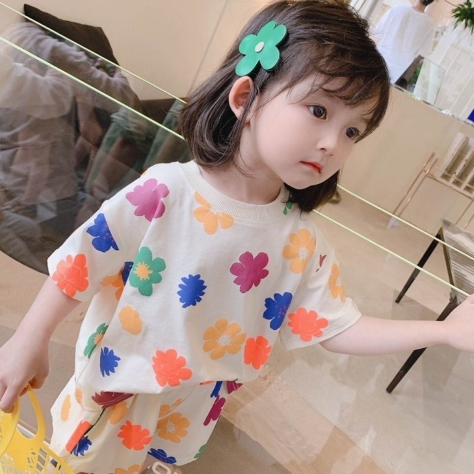 Bé Gái Hàn Quốc Thời Trang Hoa In Mẫu áo Thun Và Quần Short Thiết Lập 1-7 TuổI