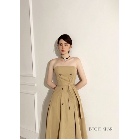 Váy H.I.U ROOM cup ngực thiết kế dáng dài midi, beige dress khaki H.I.U design 2022. | BigBuy360 - bigbuy360.vn