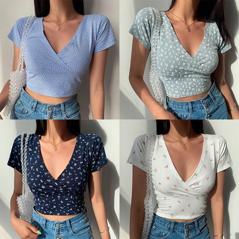 Áo croptop tay ngắn cổ chữ v in họa tiết hoa thời trang quyến rũ cho nữ