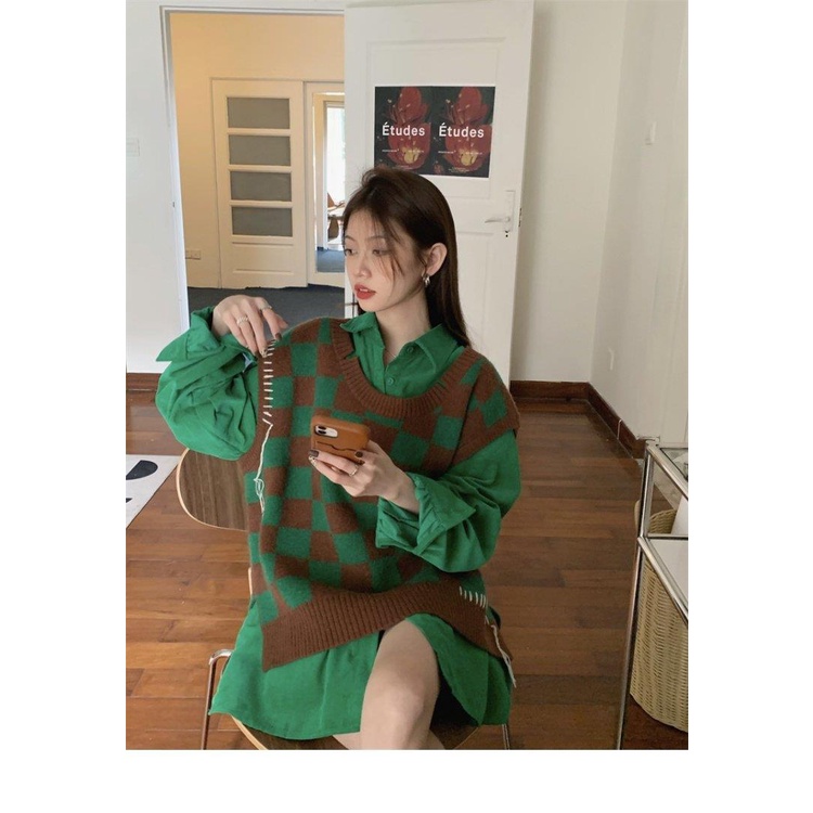 Set Áo Sơ Mi Tay Dài Sọc Ca Rô Phối Áo Khoác Ghi Lê Dệt Kim Thời Trang Hàn Quốc 2022