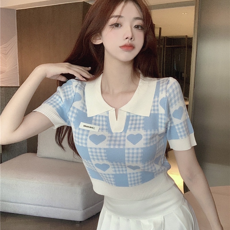 Áo polo SUXI dệt kim tay ngắn họa tiết sọc caro thời trang mùa hè cho nữ