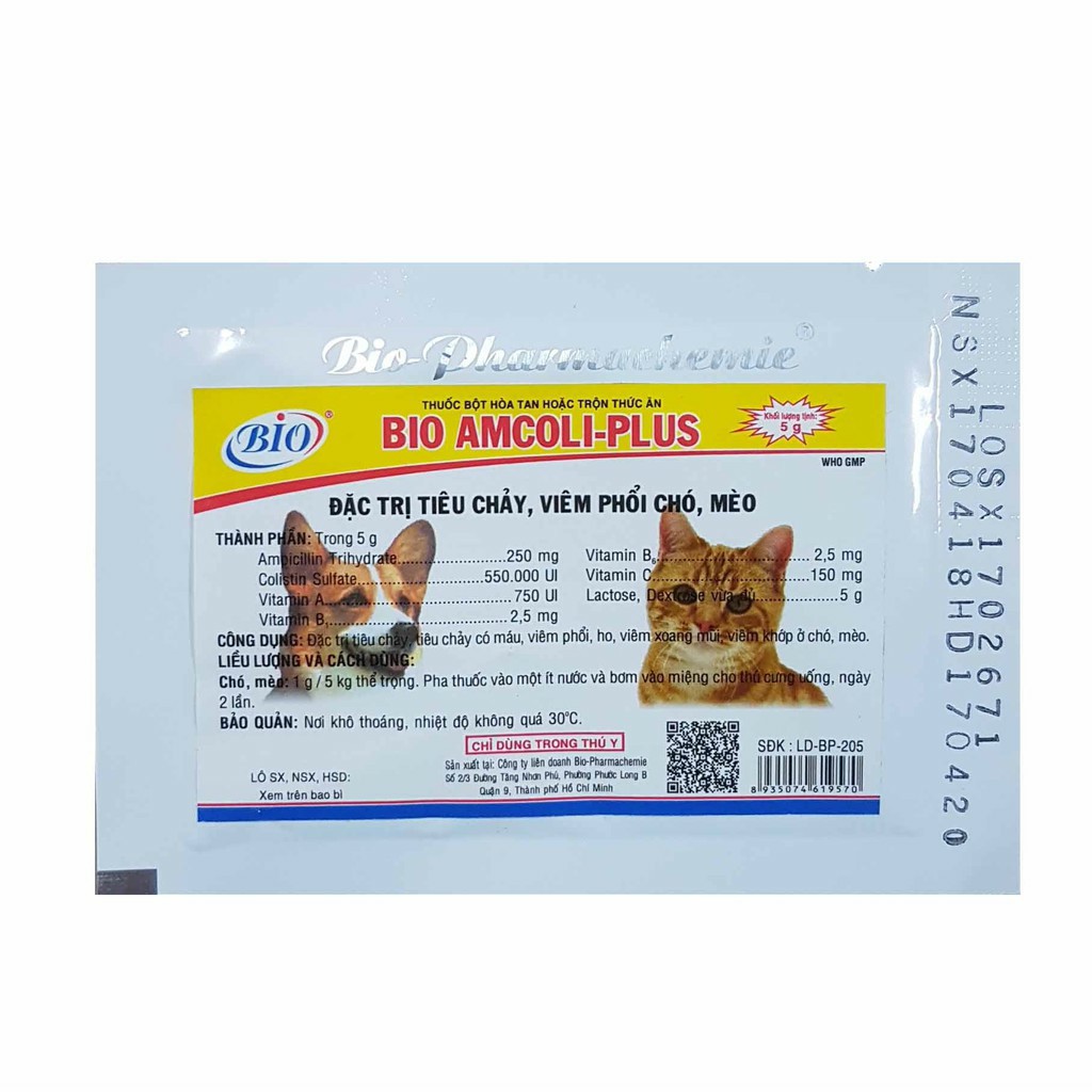  BIO AMCOLI PLUS 5gr - Hỗ trợ trong viêm phổi, tiêu chảy trên thú cưng