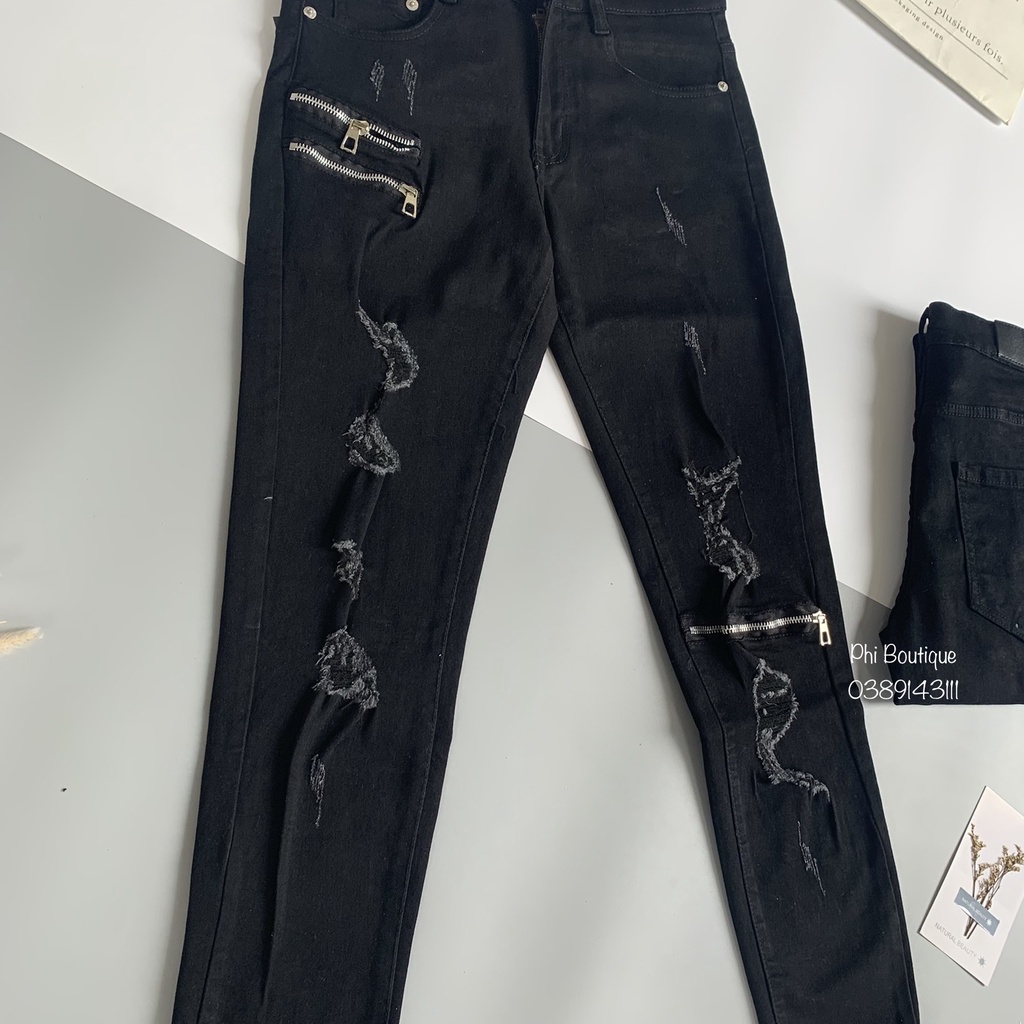 Quần jean bò nam Amiri slimfit đen rách xước thêu khoá zip đùi gối phong cách boy phố