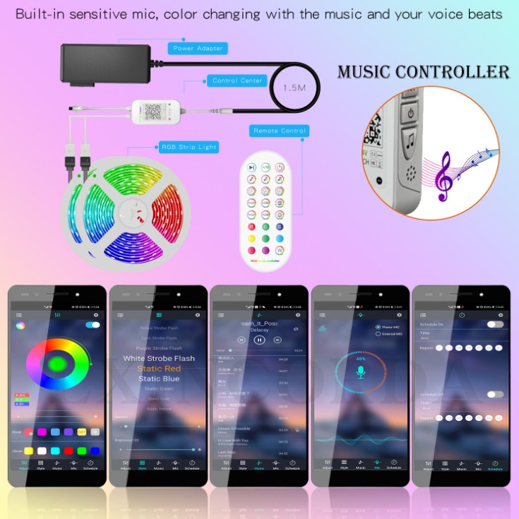 Bộ sản phẩm Led Strip 12v Led RGB chuyên dùng trang trí phòng giải trí, phòng game, chỉnh màu qua App điện thoại.