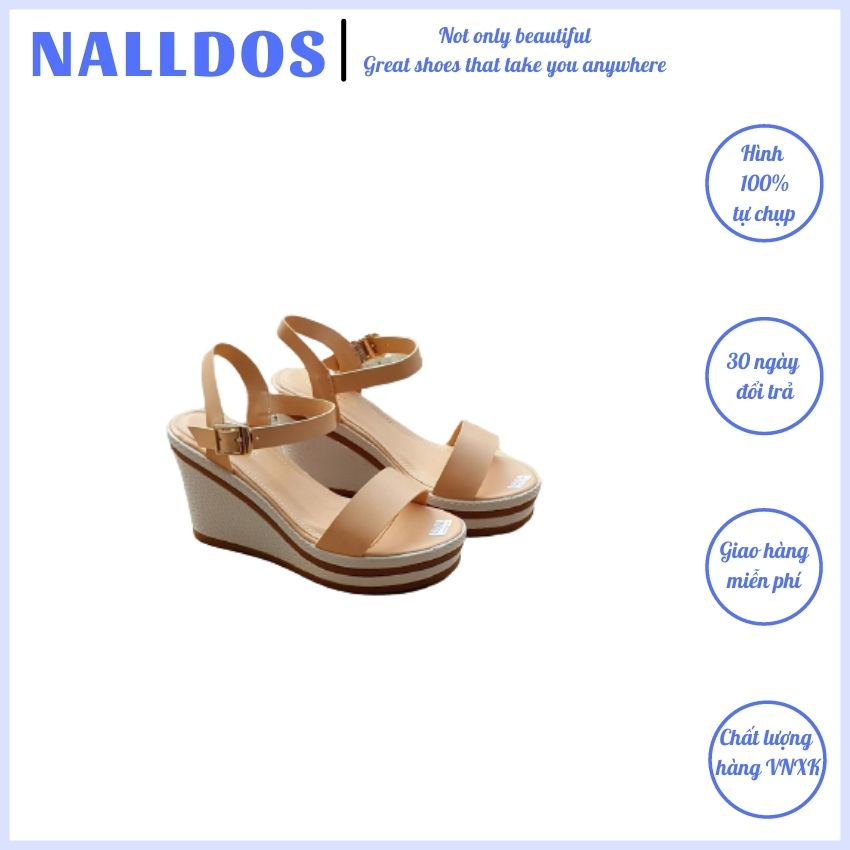 Sandal quai ngang nữ đế xuồng nữ 7cm NALLDOS quai da Microbfile đế PU nhẹ 4 màu ( Đen, Bò, Trắng, Kem)