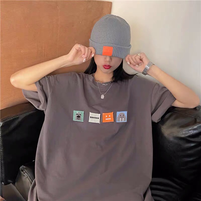 Áo thun tay lỡ form rộng - phông nam nữ cotton oversize - T shirt thêu 4 logo - 2N Unisex