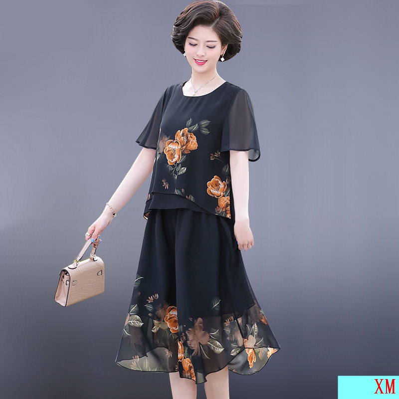 Set Áo Thun Ngắn Tay Và Đầm Che Bụng Phong Cách Phương Tây Cho Phụ Nữ Trung Niên 40-5 Tuổi