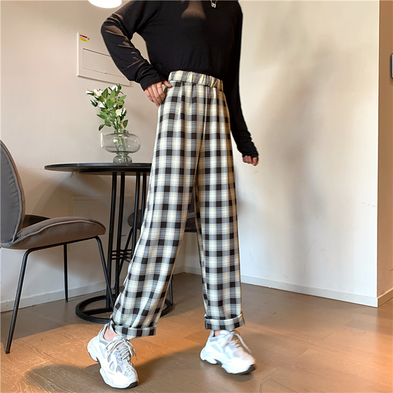 SUXI Quần Dài Lưng Cao Ống Rộng Họa Tiết Sọc Caro Cho Nữ