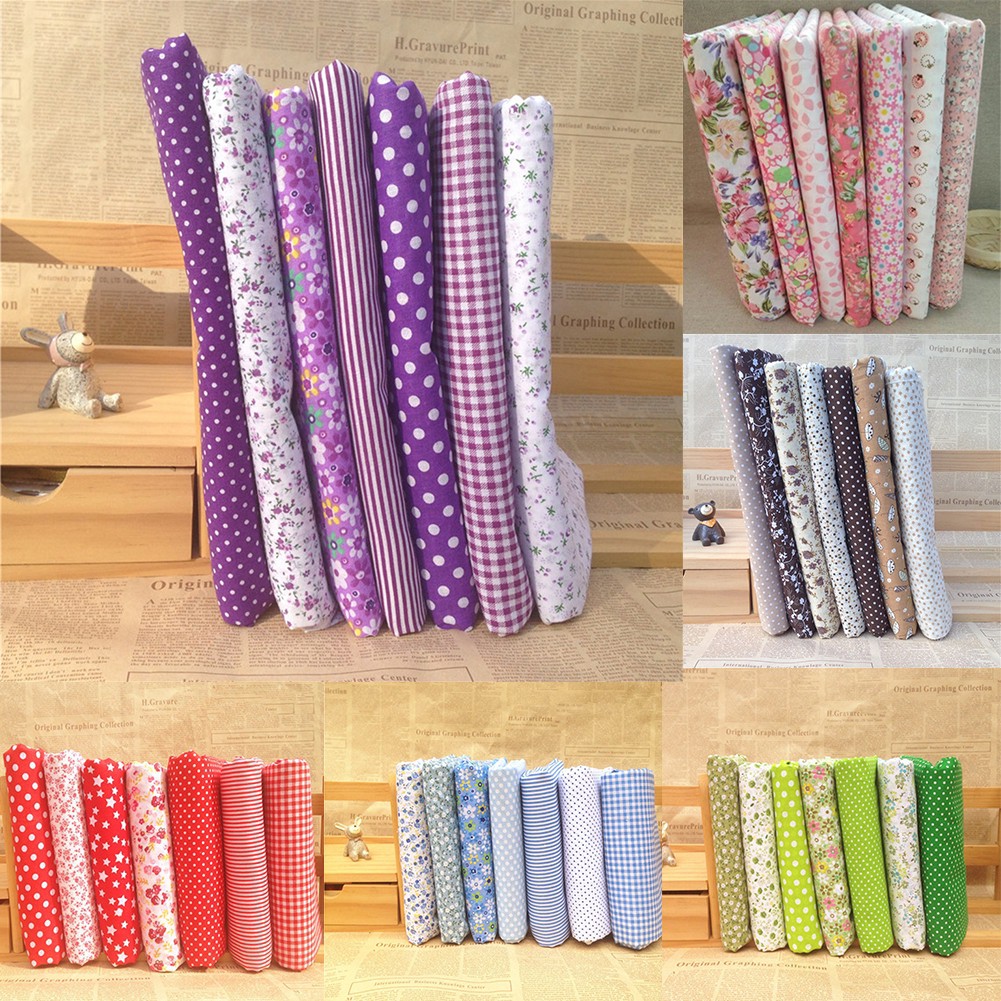 Bộ 7 vải may vá bằng chất liệu cotton họa tiết bông hoa/ chấm bi kích thước 25x25cm