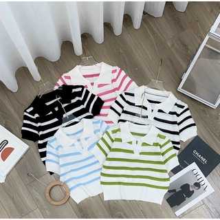 Áo len sọc tay ngắn cổ bẻ 5 màu