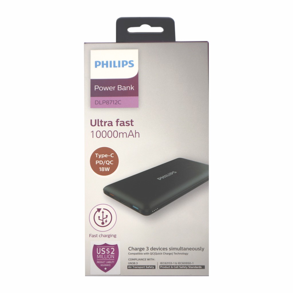 Pin Sạc Dự Phòng 10.000mAh PHILIPS ULTRA FAST 3 Cổng Sạc, Type-C PD 18W, Nhỏ Gọn - Black - DLP8712C-BK - Hàng Ch