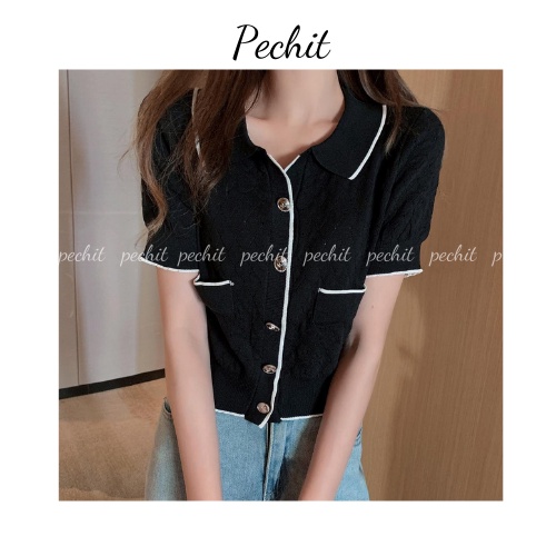 Áo len dệt kim nữ cổ bẻ tay ngắn ulzzang hàn quốc xinh PECHIT AL09