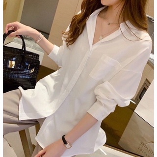 Áo sơ mi trắng đi học đi làm nữ tay dài dáng rộng cổ bẻ basic - Sơ mi vintage nữ trắng tay dài