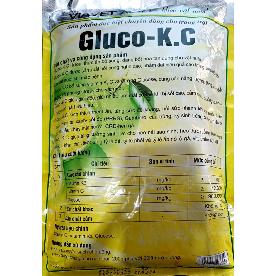 GLUCO - K.C . GLUCO KC CHỐNG NÓNG, TĂNG LỰC, SỨC ĐỀ KHÁNG, GIẢI ĐỘC, PHÒNG STRES, GIẢI NHIỆT CHO VẬT NUÔI